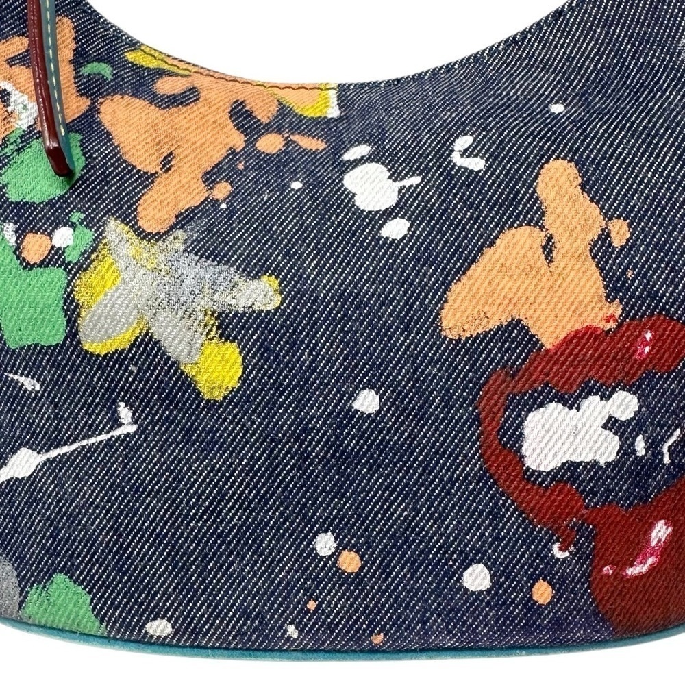Vintage Dooney & Bourke RARE Denim Painted Graffiti Bag with Leather Top Handle - Picture 9 of 14